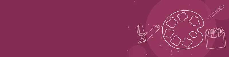 Berry Google Classroom header with white line drawings of paint palette, paintbrush, crayon box, marker on the right