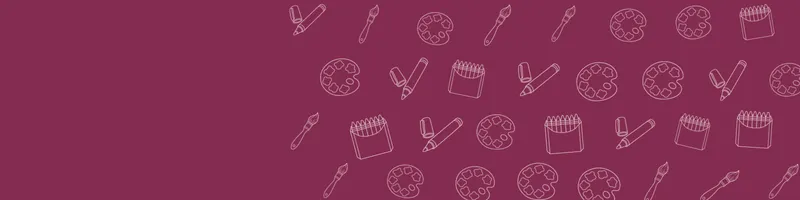Berry Google Classroom header with white line drawings of paint palette, paintbrush, crayon box, marker on the right