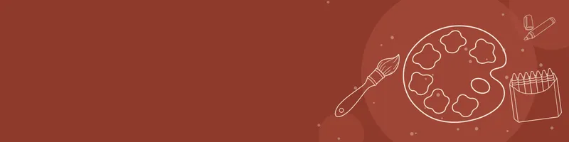 Brick red Google Classroom header with white line drawings of paint palette, paintbrush, crayon box, marker on the right
