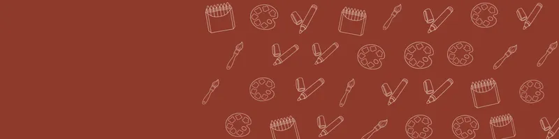 Brick red Google Classroom header with white line drawings of paint palette, paintbrush, crayon box, marker on the right