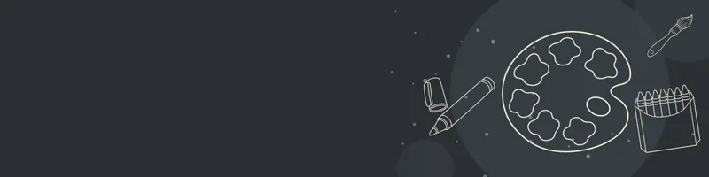 Charcoal Google Classroom header with white line drawings of paint palette, paintbrush, crayon box, marker on the right