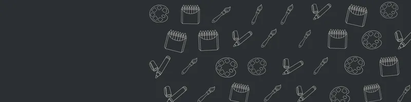 Charcoal Google Classroom header with white line drawings of paint palette, paintbrush, crayon box, marker on the right