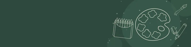 Forest green Google Classroom header with white line drawings of paint palette, paintbrush, crayon box, marker on the right