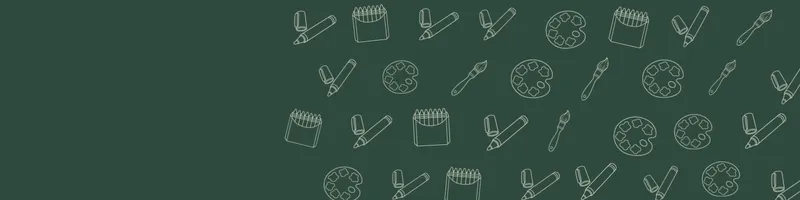 Forest green Google Classroom header with white line drawings of paint palette, paintbrush, crayon box, marker on the right