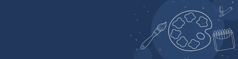 Navy Google Classroom header with white line drawings of paint palette, paintbrush, crayon box, marker on the right