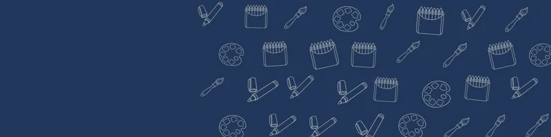 Navy Google Classroom header with white line drawings of paint palette, paintbrush, crayon box, marker on the right
