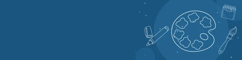 Ocean blue Google Classroom header with white line drawings of paint palette, paintbrush, crayon box, marker on the right
