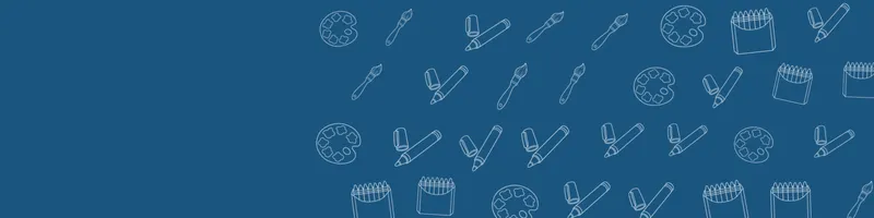 Ocean blue Google Classroom header with white line drawings of paint palette, paintbrush, crayon box, marker on the right