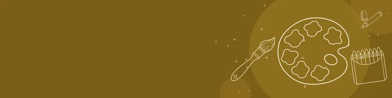 Ochre Google Classroom header with white line drawings of paint palette, paintbrush, crayon box, marker on the right