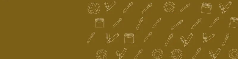 Ochre Google Classroom header with white line drawings of paint palette, paintbrush, crayon box, marker on the right