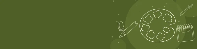 Olive Google Classroom header with white line drawings of paint palette, paintbrush, crayon box, marker on the right