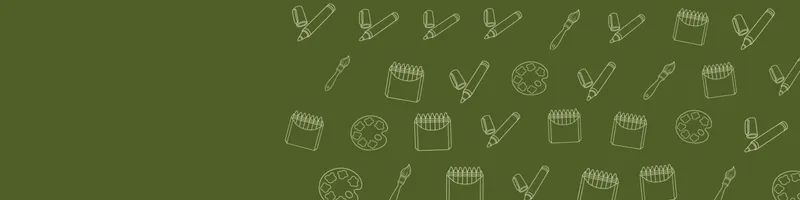 Olive Google Classroom header with white line drawings of paint palette, paintbrush, crayon box, marker on the right