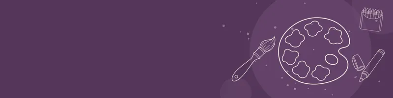 Plum Google Classroom header with white line drawings of paint palette, paintbrush, crayon box, marker on the right