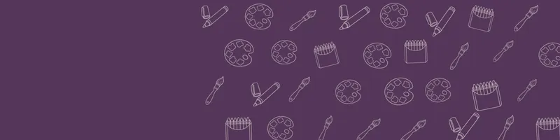 Plum Google Classroom header with white line drawings of paint palette, paintbrush, crayon box, marker on the right