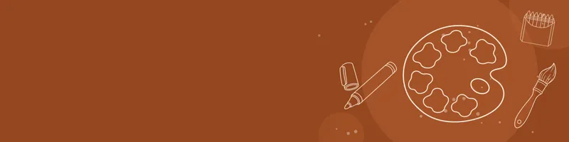 Rust Google Classroom header with white line drawings of paint palette, paintbrush, crayon box, marker on the right