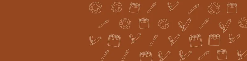 Rust Google Classroom header with white line drawings of paint palette, paintbrush, crayon box, marker on the right