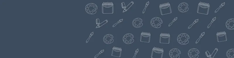 Slate Google Classroom header with white line drawings of paint palette, paintbrush, crayon box, marker on the right