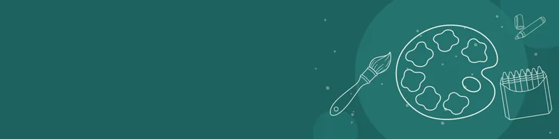 Teal Google Classroom header with white line drawings of paint palette, paintbrush, crayon box, marker on the right