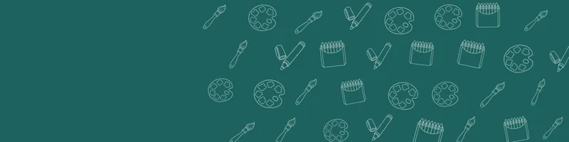 Teal Google Classroom header with white line drawings of paint palette, paintbrush, crayon box, marker on the right