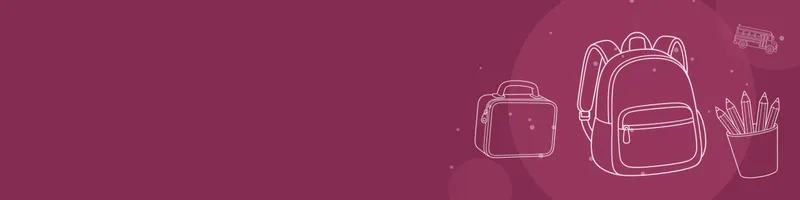 Berry Google Classroom header with white line drawings of backpack, school bus, pencils cup, lunchbox on the right