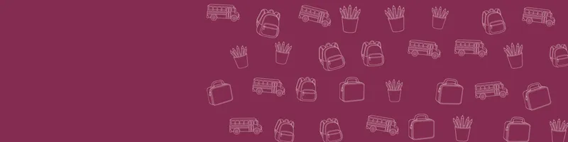 Berry Google Classroom header with white line drawings of backpack, school bus, pencils cup, lunchbox on the right