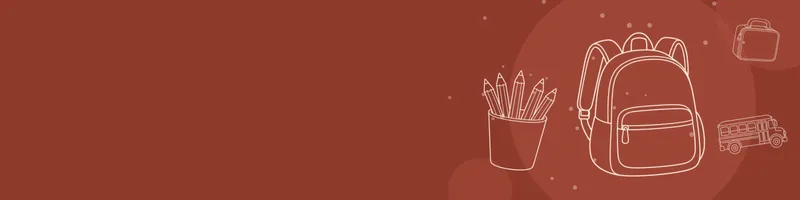 Brick red Google Classroom header with white line drawings of backpack, school bus, pencils cup, lunchbox on the right