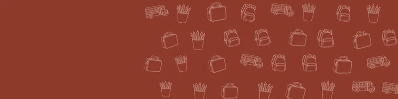 Brick red Google Classroom header with white line drawings of backpack, school bus, pencils cup, lunchbox on the right