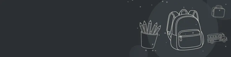 Charcoal Google Classroom header with white line drawings of backpack, school bus, pencils cup, lunchbox on the right