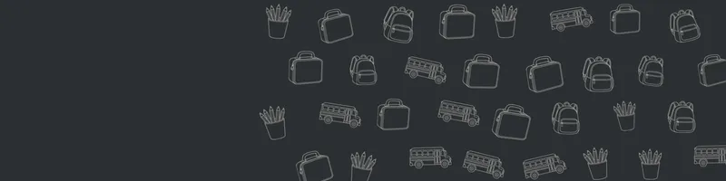 Charcoal Google Classroom header with white line drawings of backpack, school bus, pencils cup, lunchbox on the right
