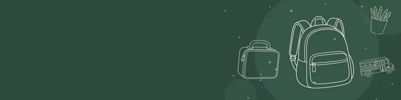 Forest green Google Classroom header with white line drawings of backpack, school bus, pencils cup, lunchbox on the right