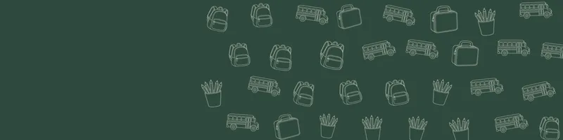 Forest green Google Classroom header with white line drawings of backpack, school bus, pencils cup, lunchbox on the right