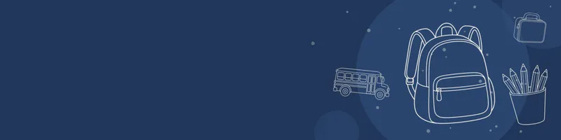 Navy Google Classroom header with white line drawings of backpack, school bus, pencils cup, lunchbox on the right