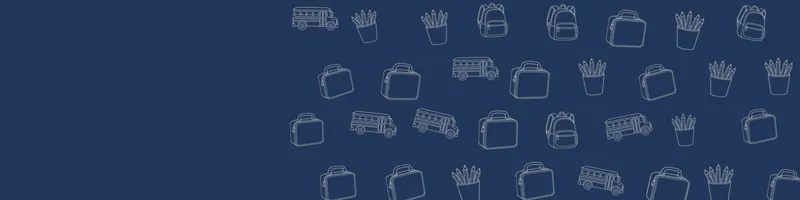 Navy Google Classroom header with white line drawings of backpack, school bus, pencils cup, lunchbox on the right