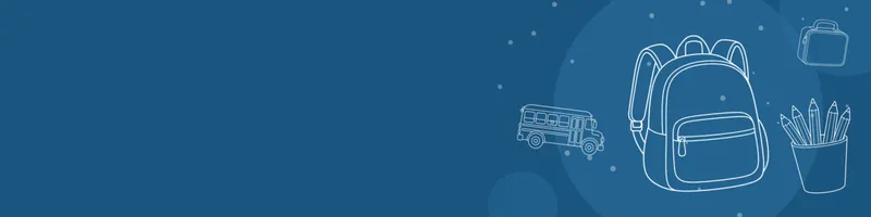 Ocean blue Google Classroom header with white line drawings of backpack, school bus, pencils cup, lunchbox on the right