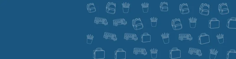 Ocean blue Google Classroom header with white line drawings of backpack, school bus, pencils cup, lunchbox on the right