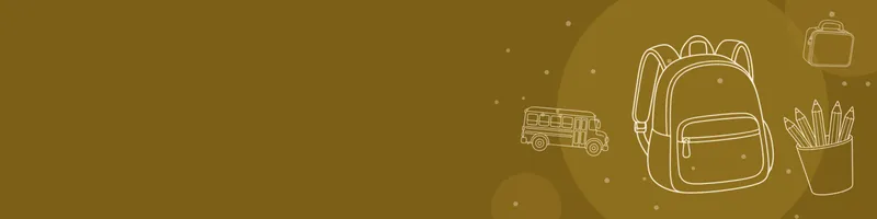 Ochre Google Classroom header with white line drawings of backpack, school bus, pencils cup, lunchbox on the right
