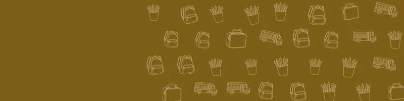 Ochre Google Classroom header with white line drawings of backpack, school bus, pencils cup, lunchbox on the right