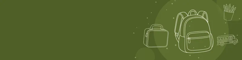 Olive Google Classroom header with white line drawings of backpack, school bus, pencils cup, lunchbox on the right