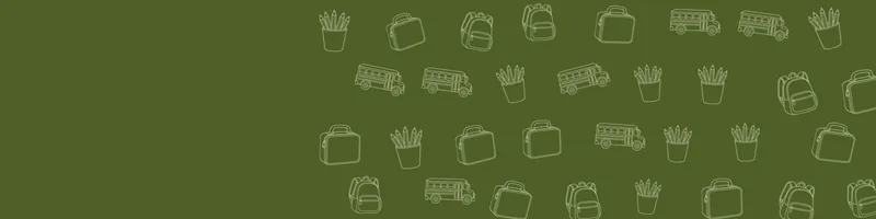 Olive Google Classroom header with white line drawings of backpack, school bus, pencils cup, lunchbox on the right