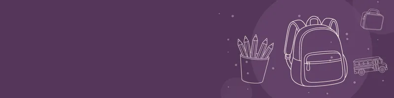 Plum Google Classroom header with white line drawings of backpack, school bus, pencils cup, lunchbox on the right