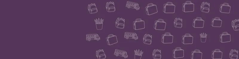 Plum Google Classroom header with white line drawings of backpack, school bus, pencils cup, lunchbox on the right