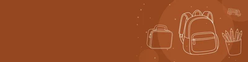 Rust Google Classroom header with white line drawings of backpack, school bus, pencils cup, lunchbox on the right