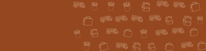 Rust Google Classroom header with white line drawings of backpack, school bus, pencils cup, lunchbox on the right