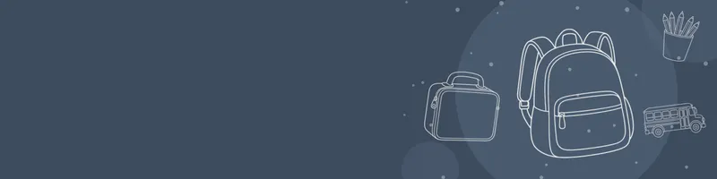 Slate Google Classroom header with white line drawings of backpack, school bus, pencils cup, lunchbox on the right