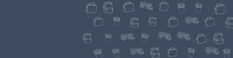 Slate Google Classroom header with white line drawings of backpack, school bus, pencils cup, lunchbox on the right