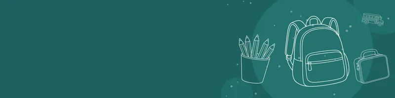 Teal Google Classroom header with white line drawings of backpack, school bus, pencils cup, lunchbox on the right