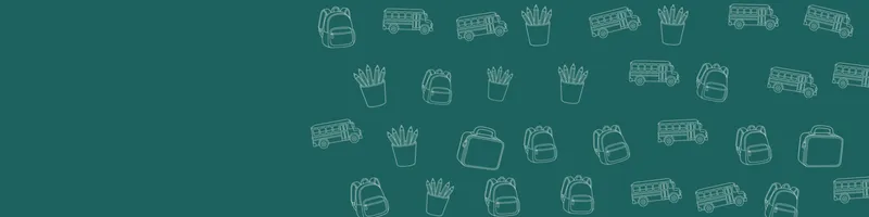 Teal Google Classroom header with white line drawings of backpack, school bus, pencils cup, lunchbox on the right