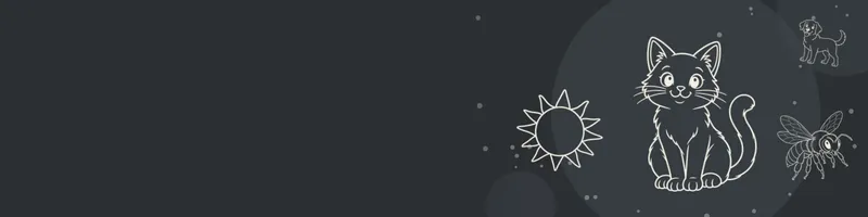 Charcoal Google Classroom header with white line drawings of cat, sun, dog, bee on the right