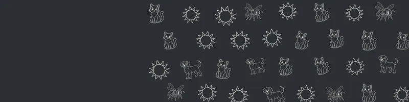 Charcoal Google Classroom header with white line drawings of cat, sun, dog, bee on the right