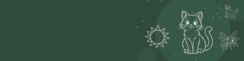 Forest green Google Classroom header with white line drawings of cat, sun, dog, bee on the right